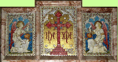 Mosaic reredos - two angels guard the cross.